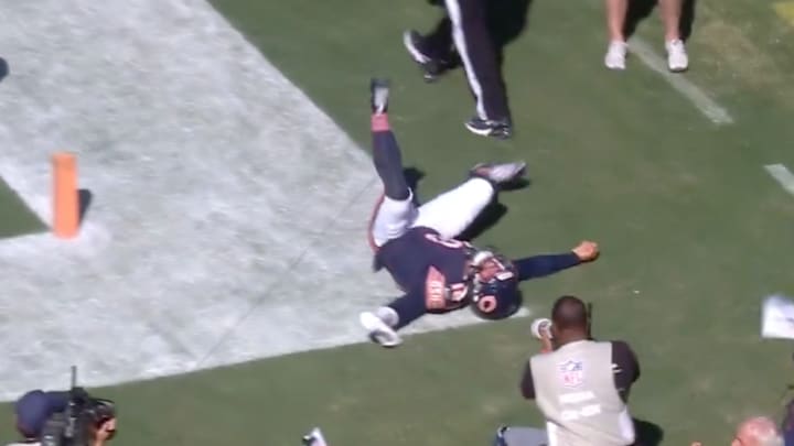 Caleb Williams fell over spiking the football on a touchdown that didn’t count