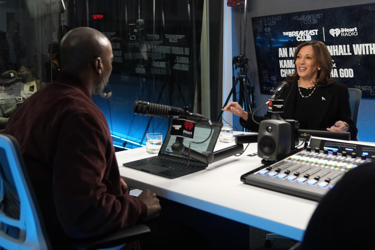 Harris talks with Charlamagne Tha God as she tries to stem erosion of support among Black men